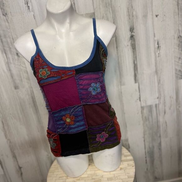 Boho Patchwork Embroidered Tank Top | Multicolor Festival Cami – Size Medium - Picture 2 of 6
